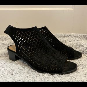 Black Faux Suede Peep Toe Heeled Sandals